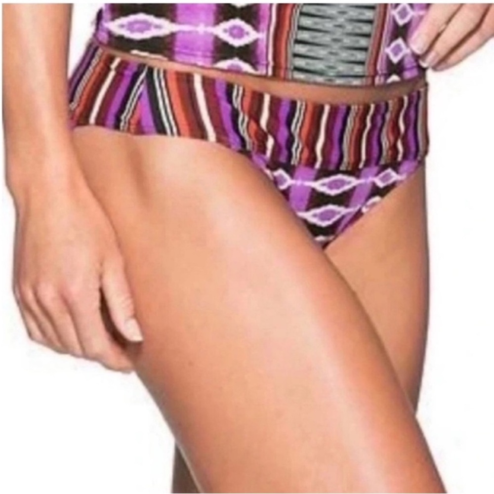 Athleta Black and Pink Bikini Bottom with Bold Striped Waistband